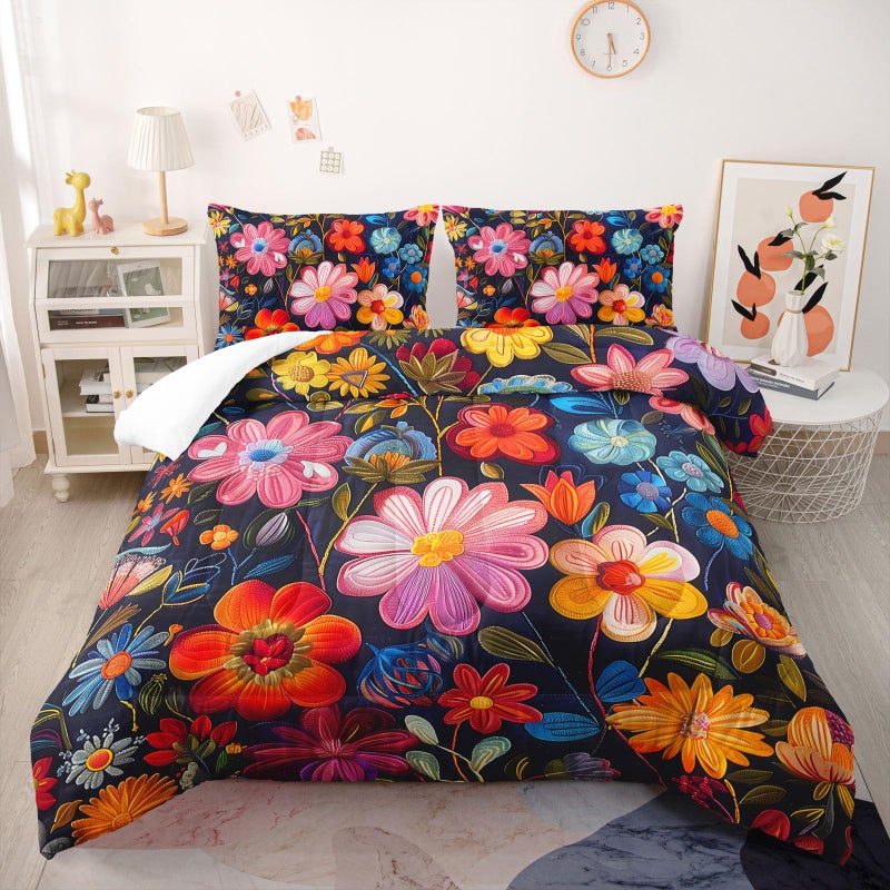 Nttopship Colorful Flower Comforter Set Queen Size 3 PCS Bed in a Bag,Cute Floral Bedding Set for Girls Teens,Ultra Soft Microfiber Comforter Bed Set with 3-Pieces, Floral Bedroom Decor with Pillowcases - Image 1