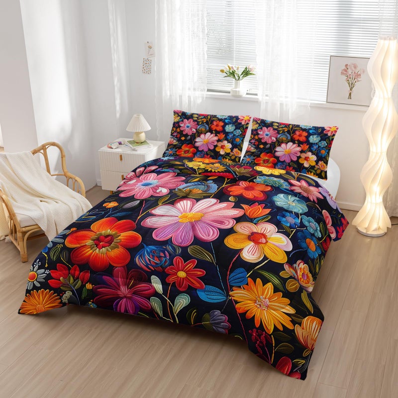 Nttopship Colorful Flower Comforter Set Queen Size 3 PCS Bed in a Bag,Cute Floral Bedding Set for Girls Teens,Ultra Soft Microfiber Comforter Bed Set with 3-Pieces, Floral Bedroom Decor with Pillowcases - Image 5