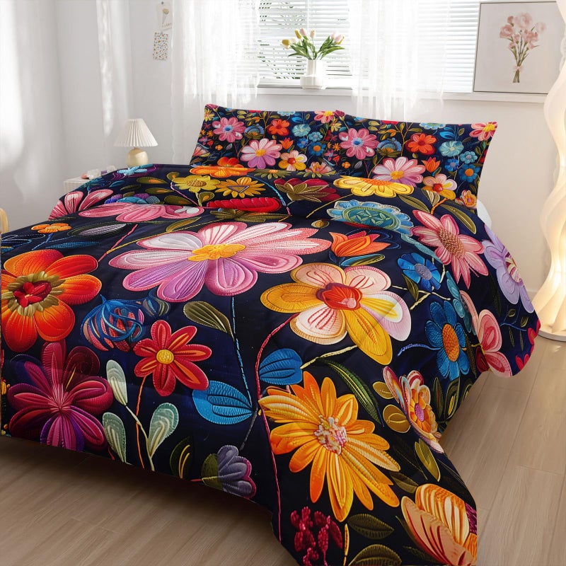 Nttopship Colorful Flower Comforter Set Queen Size 3 PCS Bed in a Bag,Cute Floral Bedding Set for Girls Teens,Ultra Soft Microfiber Comforter Bed Set with 3-Pieces, Floral Bedroom Decor with Pillowcases - Image 3