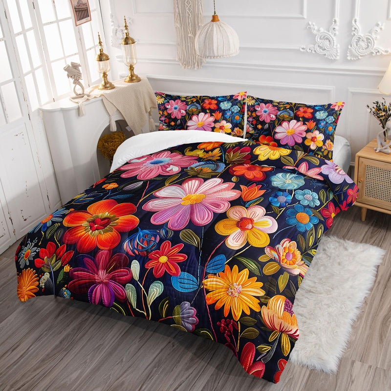 Nttopship Colorful Flower Comforter Set Queen Size 3 PCS Bed in a Bag,Cute Floral Bedding Set for Girls Teens,Ultra Soft Microfiber Comforter Bed Set with 3-Pieces, Floral Bedroom Decor with Pillowcases - Image 2