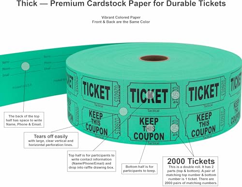 Tacticai 2000 Raffle Tickets, Green (1 of 8 Colors), Double Roll, Tickets for Events, Entry, Class Reward, Fundraiser & Prizes - Image 2