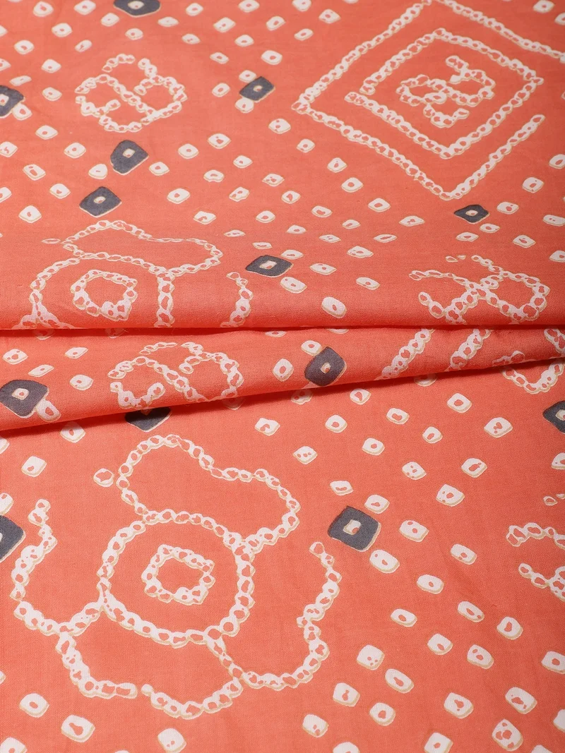 أيه كيه إس Peach Bandhani & Geometric Print Fabric