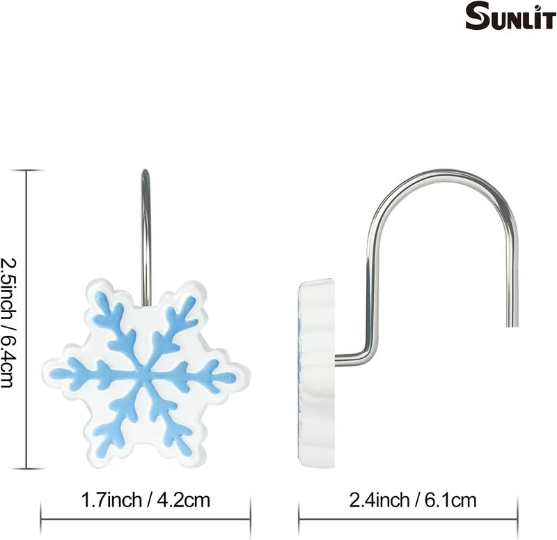Sunlit Christmas Shower Curtain Hooks Snowflakes Shower Curtain Rings, Resin, White and Light Blue Christmas Decor, Winter Bathroom Decoration - 12 Pack - Image 3