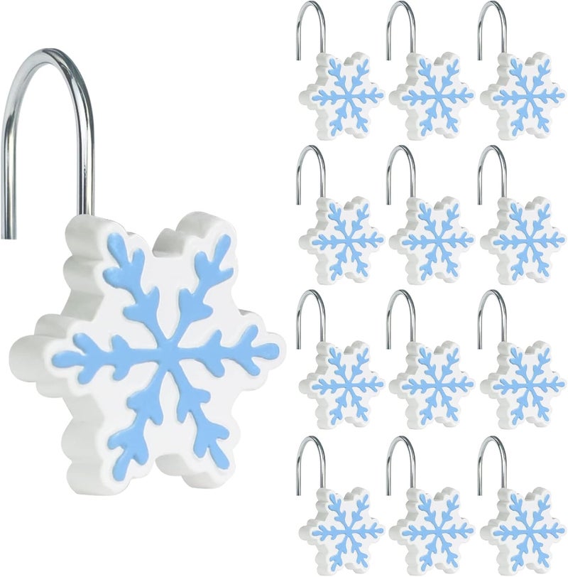 Sunlit Christmas Shower Curtain Hooks Snowflakes Shower Curtain Rings, Resin, White and Light Blue Christmas Decor, Winter Bathroom Decoration - 12 Pack - Image 1
