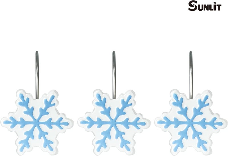 Sunlit Christmas Shower Curtain Hooks Snowflakes Shower Curtain Rings, Resin, White and Light Blue Christmas Decor, Winter Bathroom Decoration - 12 Pack - Image 2