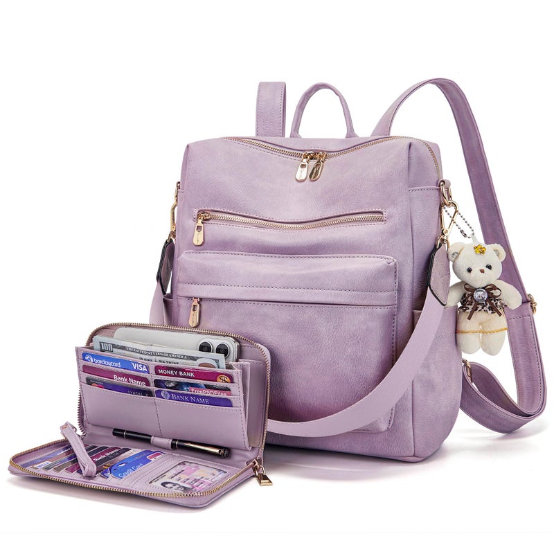Soperwillton Women Backpack Purse Multipurpose Design Handbags Shoulder Bag PU Leather Travel bag Backpack Set 2pcs - Image 1