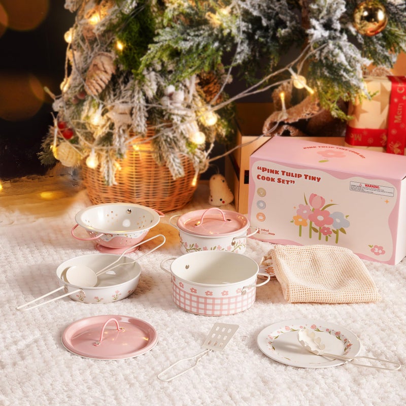 ROBUD Kids Pots and Pans Playset,Kids Kitchen Accessories Pretend Cooking,Cream Blue Pots and Pans Metal, Toddler Kitchen Playset for Boys Girls, Mini Toy Kitchen Accessories(9 Pieces) - Image 2