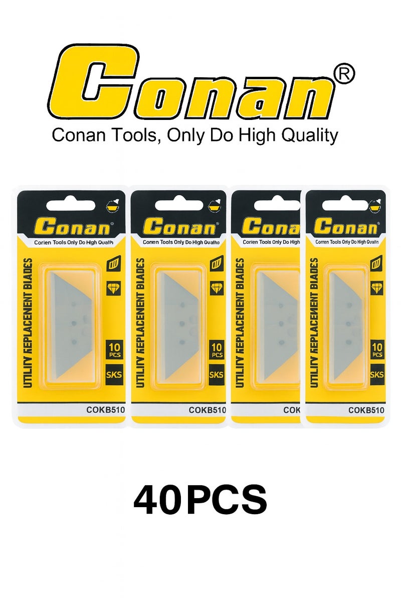 Conan 4 Packs × 10 Pieces – Conan Utility Knife Replacement Blades – Model COKB510 – Premium SK5 Carbon Steel, Ultra-Sharp – Standard Fit for Most Utility Knives – With Plastic Storage Cases  - Image 1