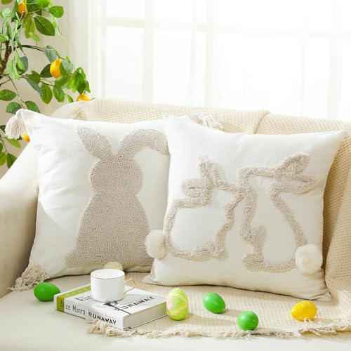 Beeveer 2 Pack 18 x 18 Inch Happy Easter Throw Pillow Covers Bunny Rabbit Throw Pillowcase for Spring Easter Home Sofa Couch Bedroom and Outdoor Porch Decor - Image 1