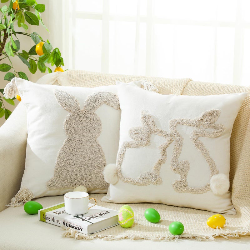 Beeveer 2 Pack 18 x 18 Inch Happy Easter Throw Pillow Covers Bunny Rabbit Throw Pillowcase for Spring Easter Home Sofa Couch Bedroom and Outdoor Porch Decor - Image 2