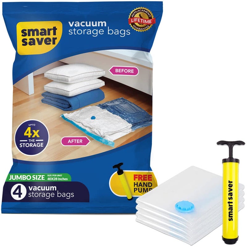 Smart Saver 4 أكياس فراغ عملاقة للسفر - أكياس توفير المساحة - أكياس تخزين ضغط للملابس - أكياس ختم فراغ للتخزين - أكياس مغلقة بسحاب مع مضخة يد للسفر - 70x100 سم - Image 1