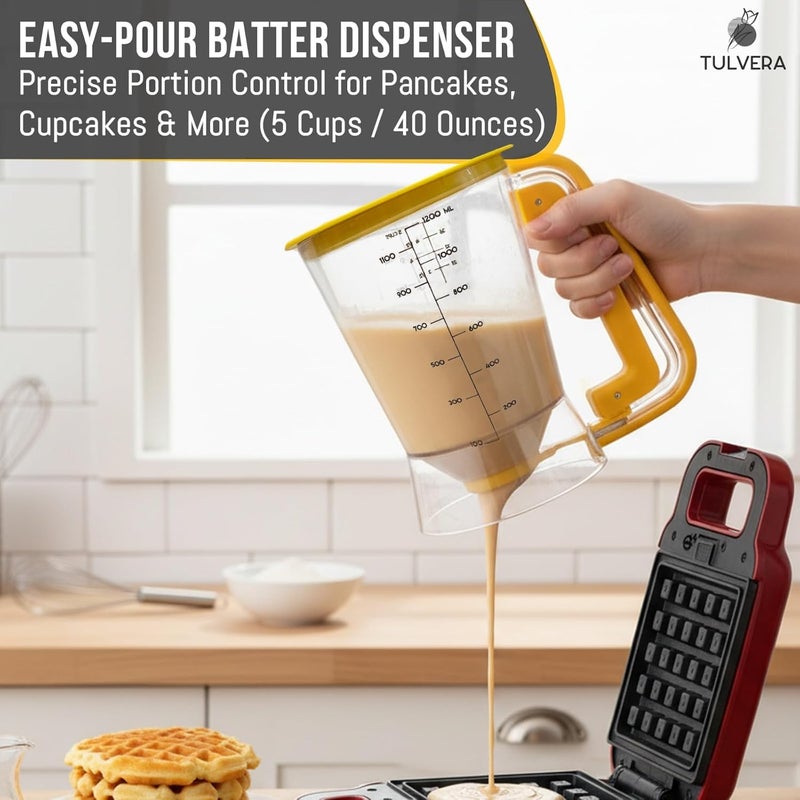 Tulvera Pancake Batter Dispenser | 5-Cup Mix Pourer for Pancakes, Waffles, Crepes, Muffins, Cupcakes | Squeeze Handle, Portion Control Pitcher, Durable Drip-Free Design | Baking Accessories (Yellow) - Image 2