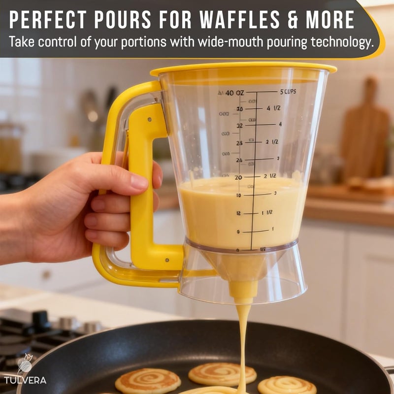 Tulvera Pancake Batter Dispenser | 5-Cup Mix Pourer for Pancakes, Waffles, Crepes, Muffins, Cupcakes | Squeeze Handle, Portion Control Pitcher, Durable Drip-Free Design | Baking Accessories (Yellow) - Image 5