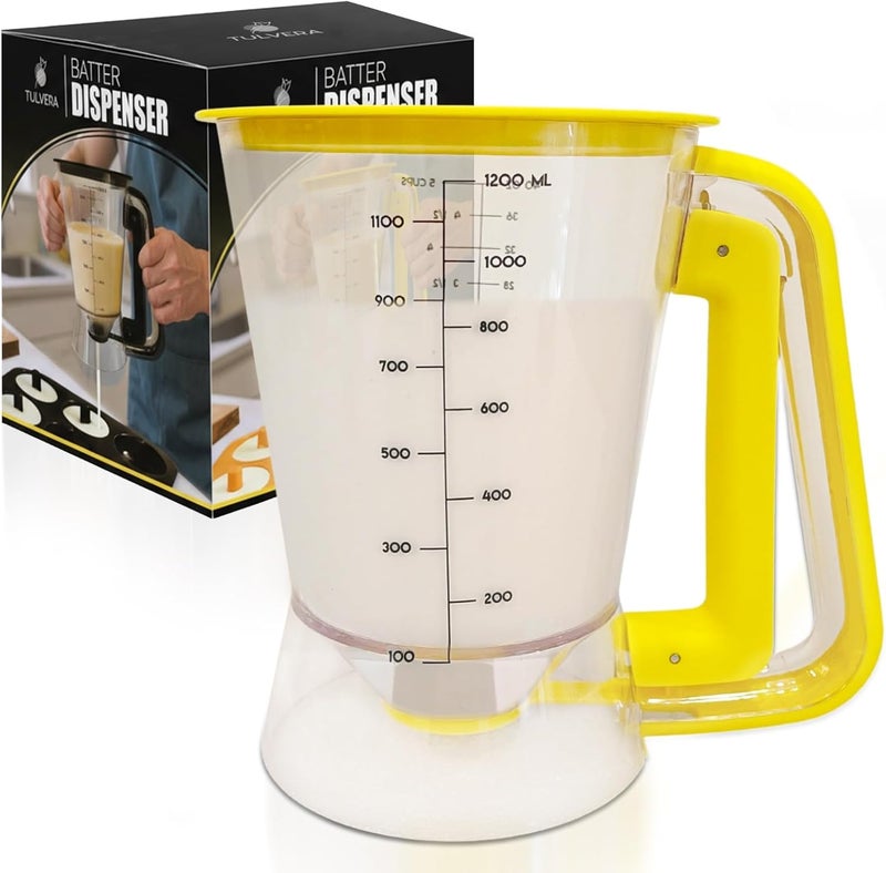 Tulvera Pancake Batter Dispenser | 5-Cup Mix Pourer for Pancakes, Waffles, Crepes, Muffins, Cupcakes | Squeeze Handle, Portion Control Pitcher, Durable Drip-Free Design | Baking Accessories (Yellow) - Image 1