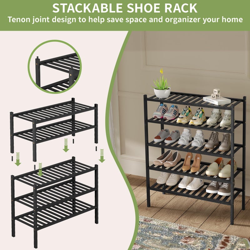 ROMGUAR CRAFT 3 Tier Bamboo Shoe Rack for Closet Free Standing Wood Shoe Shelf Storage Organizer for Entryway Small Space Stackable 27"x11"x20" (Black) - Image 4