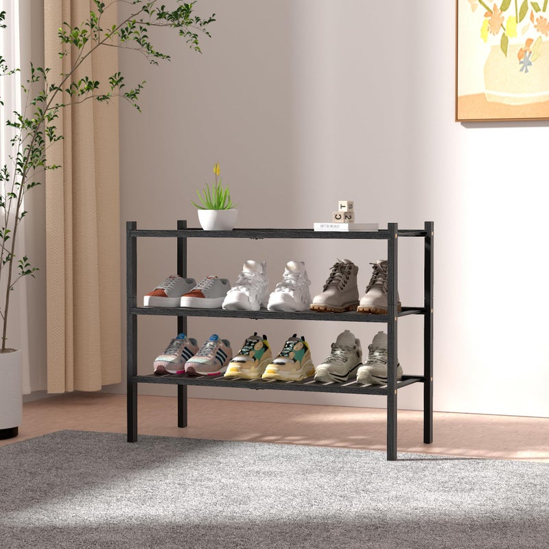 ROMGUAR CRAFT 3 Tier Bamboo Shoe Rack for Closet Free Standing Wood Shoe Shelf Storage Organizer for Entryway Small Space Stackable 27"x11"x20" (Black) - Image 2