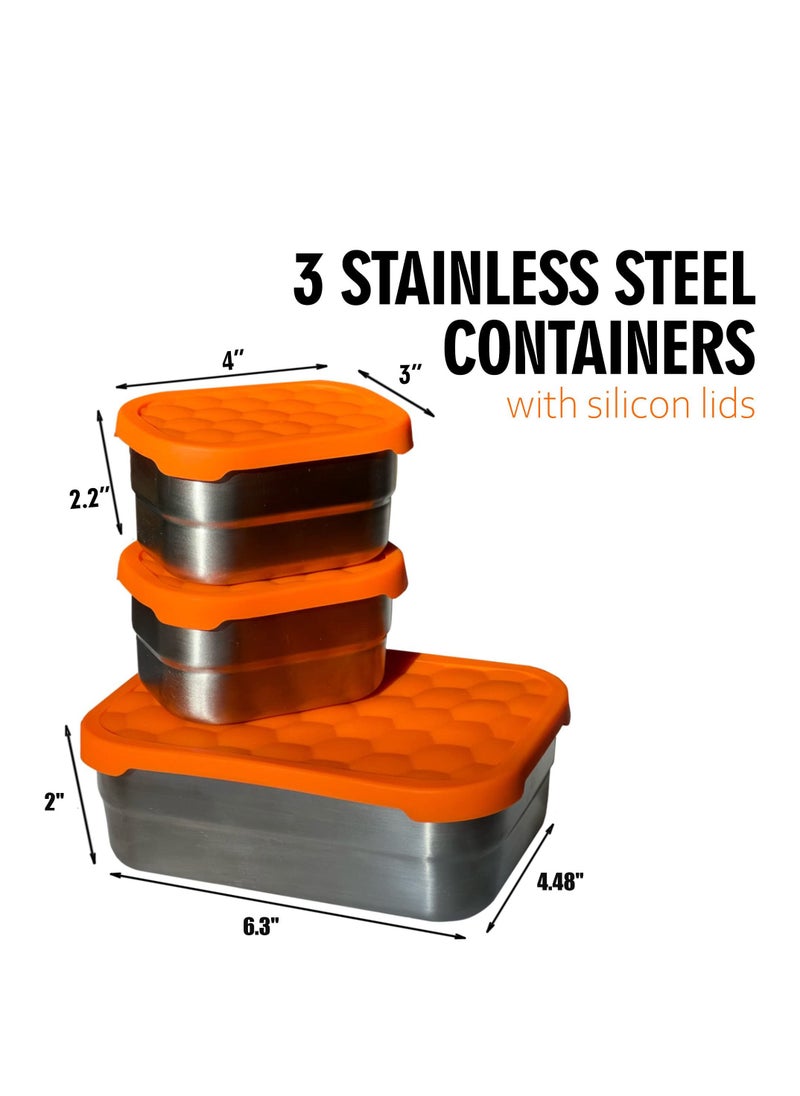 SYOSI Stainless Steel Food Containers with Lids Set of 3 (24.34 oz, 8 oz, 8 oz) - Metal Snack Container for Kids -  Lunch Box with Silicone Lids Sandwich Containers-Premium Leakproof Bento Box Storage  - Image 4