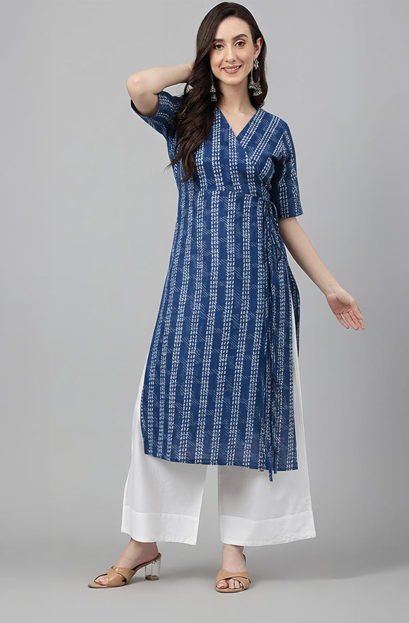 Janasya Women's Indigo Pure Cotton Geometric Straight Kurta (JAB24KR00637-M) - Image 3