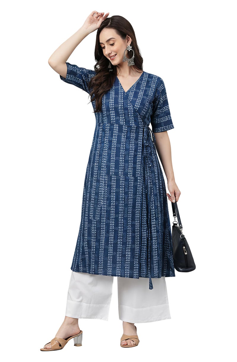 Janasya Women's Indigo Pure Cotton Geometric Straight Kurta (JAB24KR00637-M) - Image 1