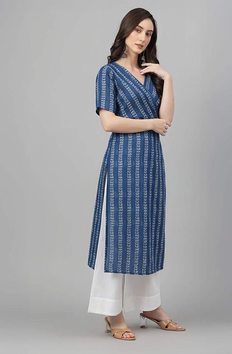 Janasya Women's Indigo Pure Cotton Geometric Straight Kurta (JAB24KR00637-M) - Image 5