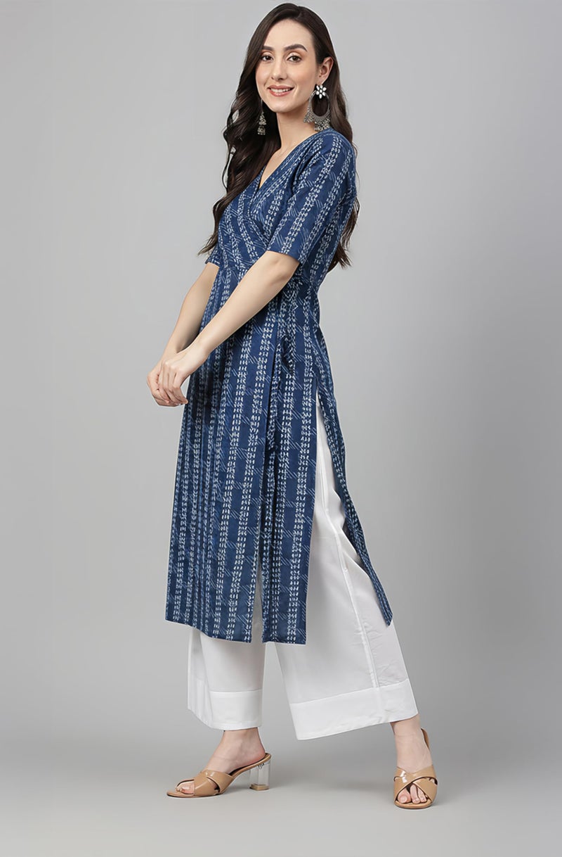 Janasya Women's Indigo Pure Cotton Geometric Straight Kurta (JAB24KR00637-M) - Image 4