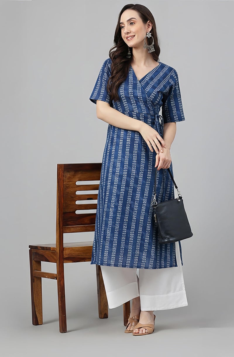 Janasya Women's Indigo Pure Cotton Geometric Straight Kurta (JAB24KR00637-M) - Image 2