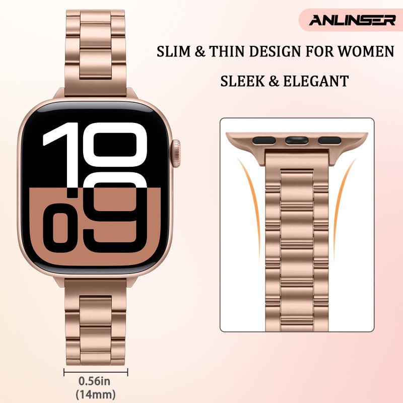 Anlinser Bands Compatible with Apple Watch Band 42mm 41mm 40mm 38mm, Women Slim Stainless Steel Metal Strap for iWatch Series 10 9 8 7 6 5 4 3 2 1 SE (Rose Gold) - Image 3