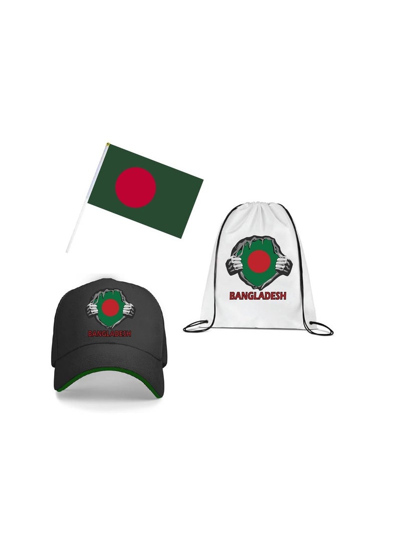 PRINTSHOP4ME Bangladesh Cricket Sports Fans Set - Pack of 3 Combo - Cap, Drawstring Bag, and Hand Flag - Ideal for Matches, Events, and Everyday Use - Perfect for Sports Fans - Image 1
