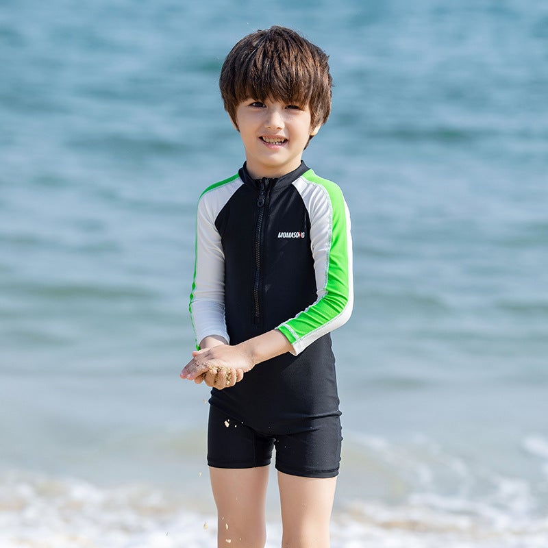 Momasong Children''s Swimsuit New Boys'' Long-sleeved Sunscreen One-piece Swimsuit Baby Hot Spring Suit Children''s Swimsuit - Image 3