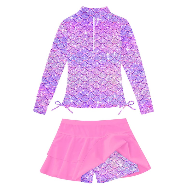 Vogseek Girls Mermaid Swimsuits 5 6 Year Old Kids Long Sleeve Bathing Suit for Girl Summer Cute Rash Guard Swim Suits with Shorts Skirt Size 5 6 Girl's Swimming Pool Wear for Toddlers 5t 6t Glitter Pink - Image 1