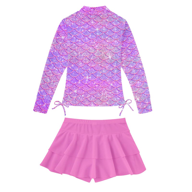 Vogseek Girls Mermaid Swimsuits 5 6 Year Old Kids Long Sleeve Bathing Suit for Girl Summer Cute Rash Guard Swim Suits with Shorts Skirt Size 5 6 Girl's Swimming Pool Wear for Toddlers 5t 6t Glitter Pink - Image 4
