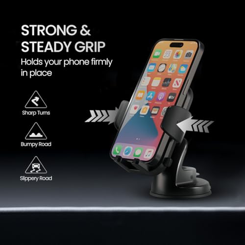 Portronics Clamp M4 Car Phone Holder Stand with 360 Degree Rotation, Strong Grip, Suction Cup Mount, Single Hand Use, Shockproof Build, Mobile Stand for Car (Black) - Image 2