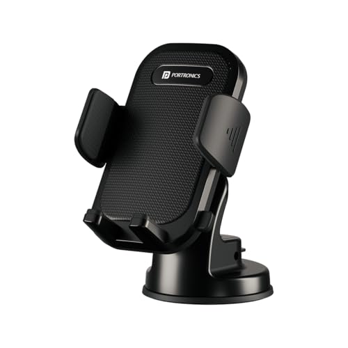 Portronics Clamp M4 Car Phone Holder Stand with 360 Degree Rotation, Strong Grip, Suction Cup Mount, Single Hand Use, Shockproof Build, Mobile Stand for Car (Black) - Image 1