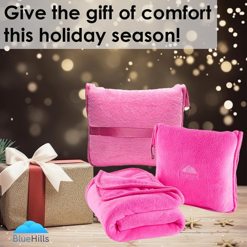 BlueHills Premium Soft Travel Blanket Pillow Airplane Blanket Packed in Soft Bag Pillowcase with Hand Luggage Belt and Backpack Clip, Compact Pack Large 2 in 1 Combo for Any Travel (Pink T004) - Image 2