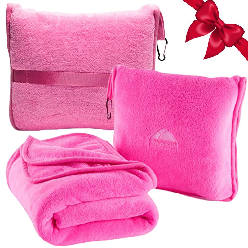 BlueHills Premium Soft Travel Blanket Pillow Airplane Blanket Packed in Soft Bag Pillowcase with Hand Luggage Belt and Backpack Clip, Compact Pack Large 2 in 1 Combo for Any Travel (Pink T004) - Image 1