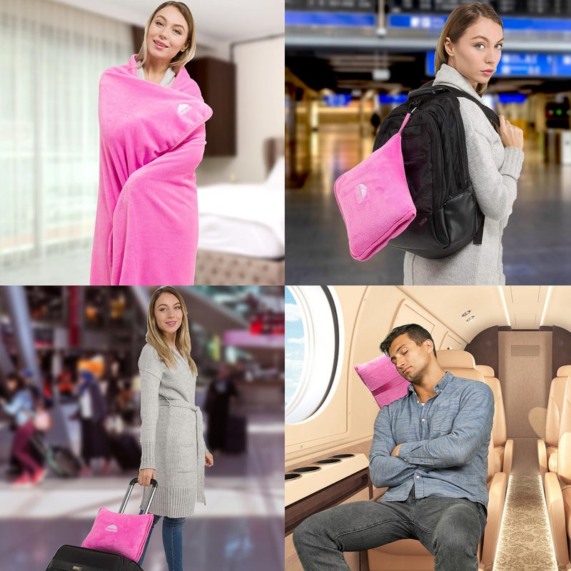 BlueHills Premium Soft Travel Blanket Pillow Airplane Blanket Packed in Soft Bag Pillowcase with Hand Luggage Belt and Backpack Clip, Compact Pack Large 2 in 1 Combo for Any Travel (Pink T004) - Image 3