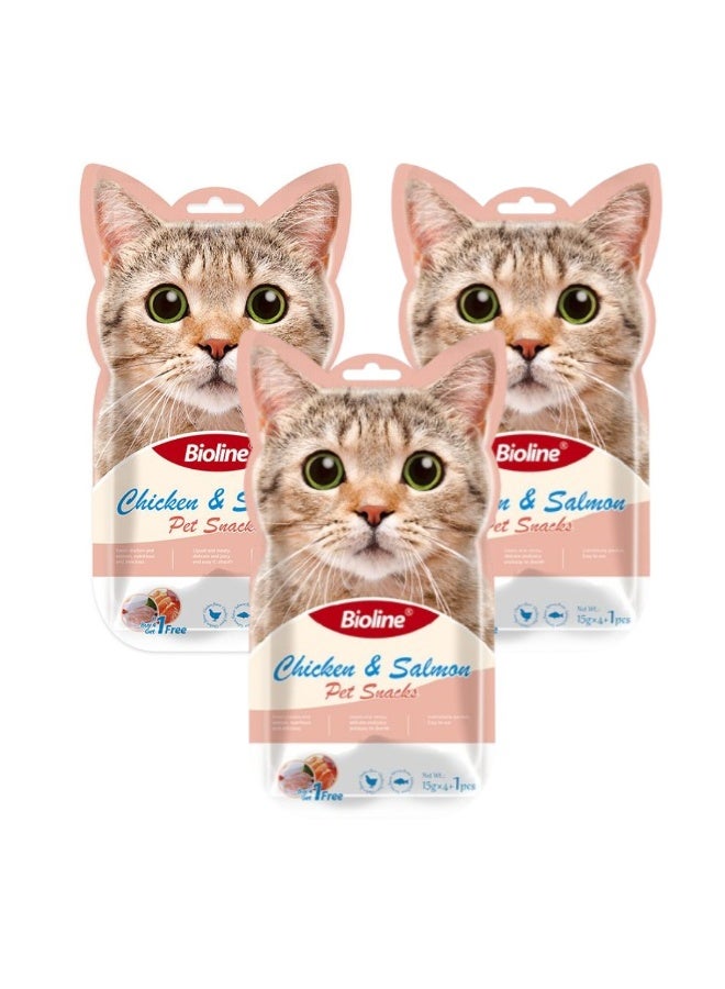 بايولاين مكافآت بيولاين للقطط - ٥ × ١٥ جم [نكهة - دجاج وسلمون] ( 3 عبوات )