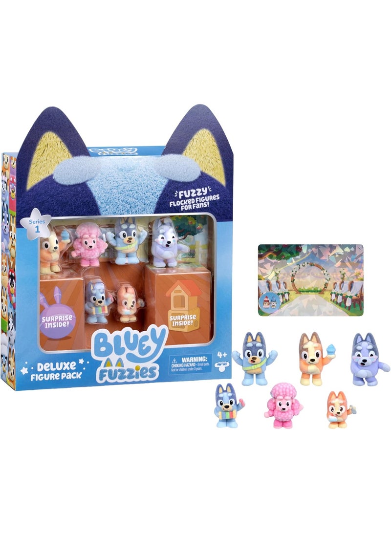 Bluey Fuzzies Deluxe Figure Pack – 6 Flocked Mini Collectible Figures (2 Surprise), Trading Card & Collector Guide | 80+ to Collect Series 1 - Image 1