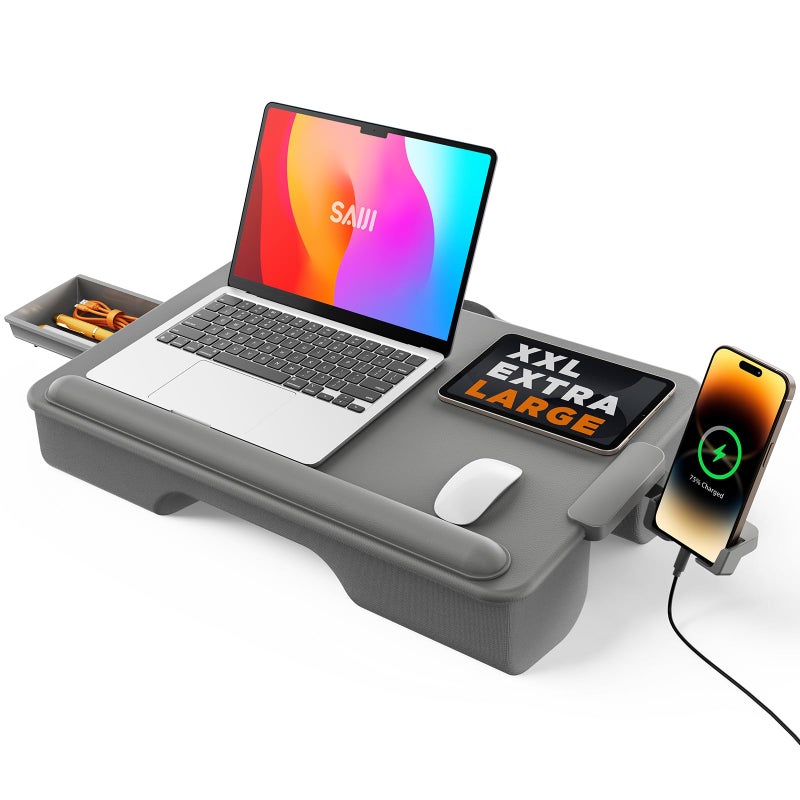SAIJI Lap Desk with Cushion, Computer Laptop Stand, Lap Laptop Table, Built-in Drawer Storage, Phone Holder, Wrist Pad - Image 1