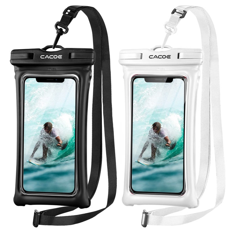 CACOE [Floatable] Floating Universal Waterproof Phone case 2 Pack-Up to 7.0",Phone Pouch with Adjustable Neck Lanyard,IPX8 Cellphone Dry Bags for Vacation Water Activitiesï¼ˆBlack+Whiteï¼‰ - Image 1