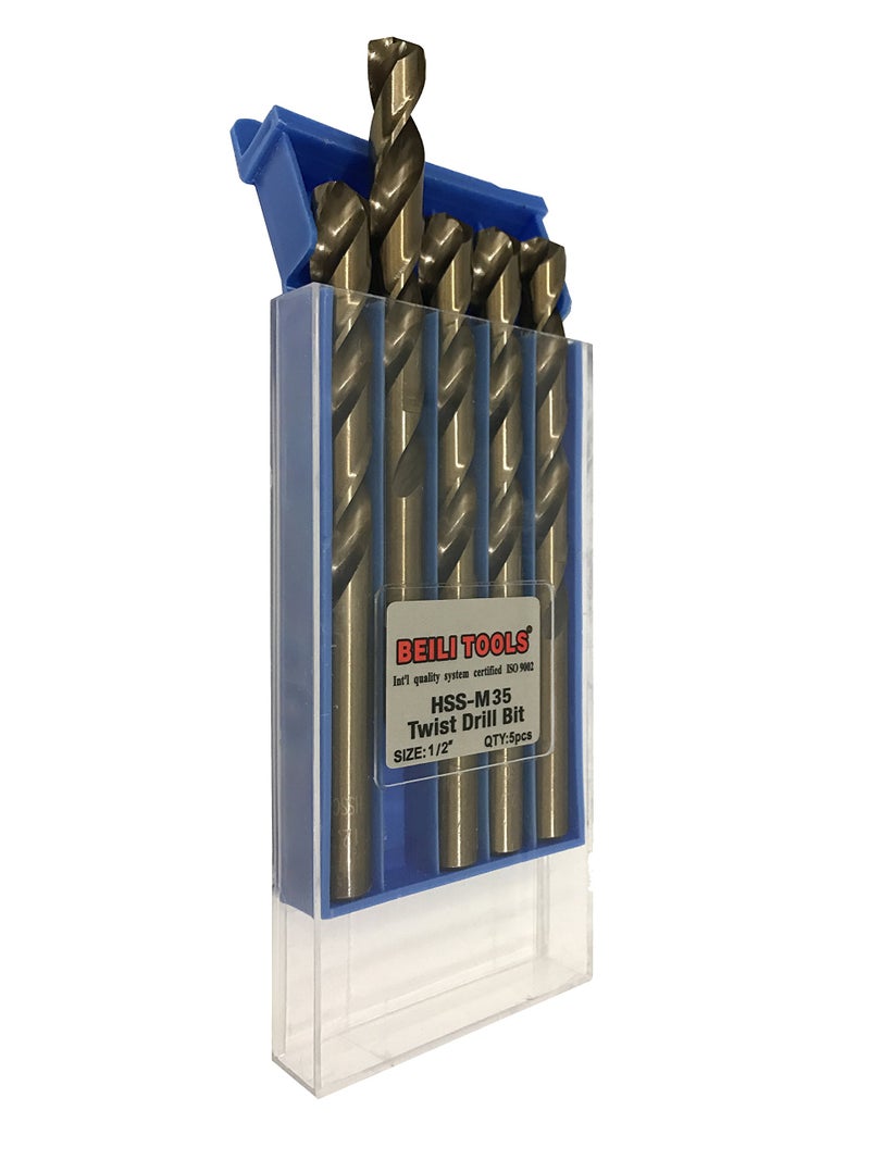 BEILI Tools HSS M35 Cobalt Twist Drill Bits, Pack of 5 (12.7mm, 1/2") - Image 2
