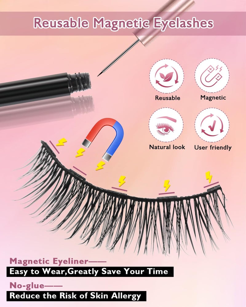 Batfield 3 Pairs Magnetic False Eyelashes - Reusable Fake Eyelashes with Eyeliner and Tweezer - Artificial Eye Lashes for Women Natural Wispy(Style 6) - Image 2