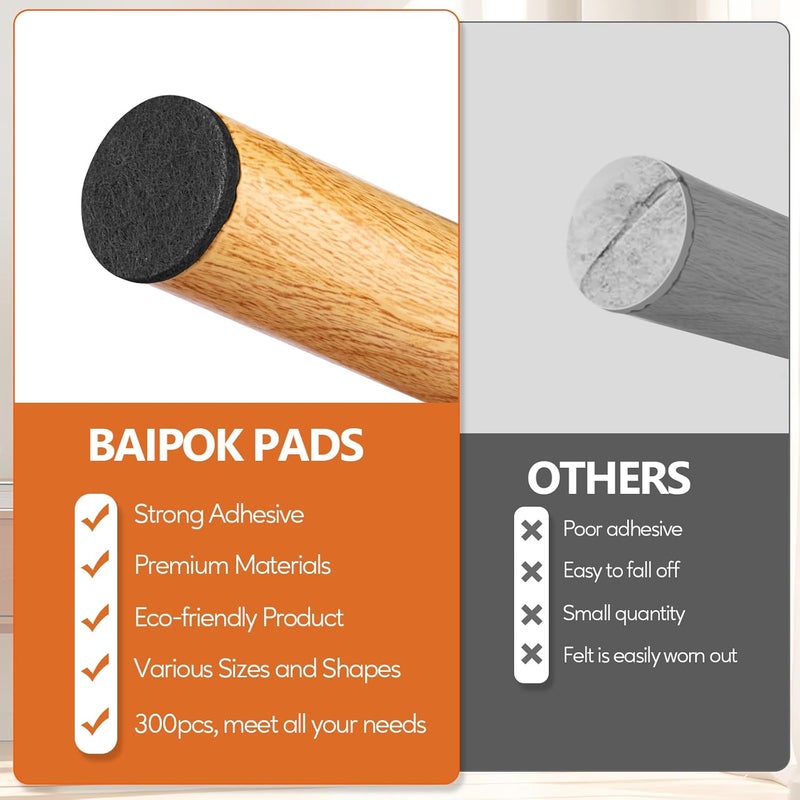 BAIPOK Furniture Pads 300 Pieces Felt Furniture Pads Premium Huge Pack, Self Adhesive Anti Scratch Floor Protectors for Desk Chair Legs and 60 Rubber Bumpers for Hardwood Tile Floor - Image 2