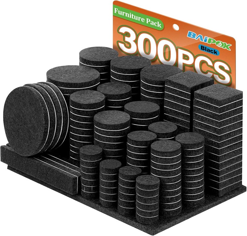 BAIPOK Furniture Pads 300 Pieces Felt Furniture Pads Premium Huge Pack, Self Adhesive Anti Scratch Floor Protectors for Desk Chair Legs and 60 Rubber Bumpers for Hardwood Tile Floor - Image 1