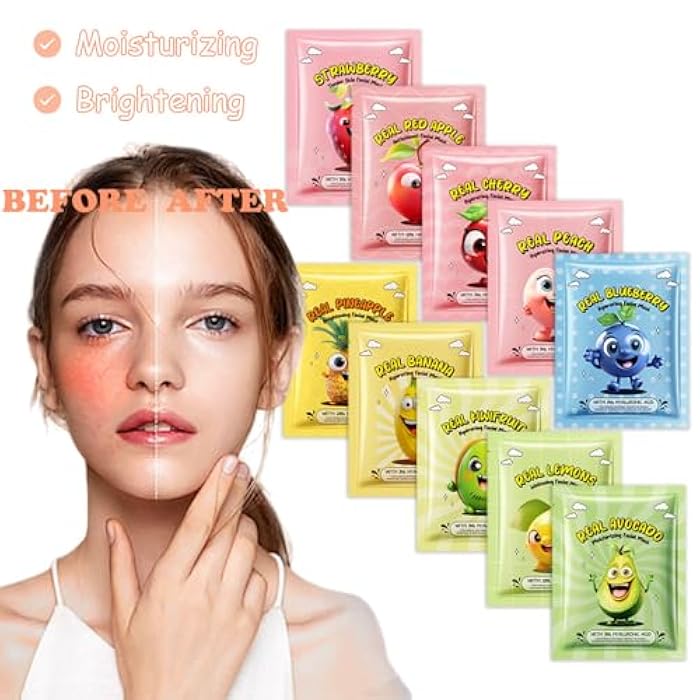Aaiffey 10 Pack Fruit Face Mask,Facial Mask for Kids Skin Care Moisturize,Brighten Soothe Spa Party Face Mask Set for Women Men Girls Nourish for All Skin Types Christmas Gifts - Image 5