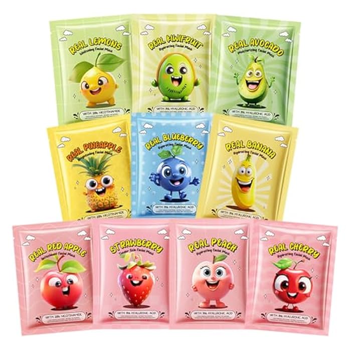 Aaiffey 10 Pack Fruit Face Mask,Facial Mask for Kids Skin Care Moisturize,Brighten Soothe Spa Party Face Mask Set for Women Men Girls Nourish for All Skin Types Christmas Gifts - Image 1