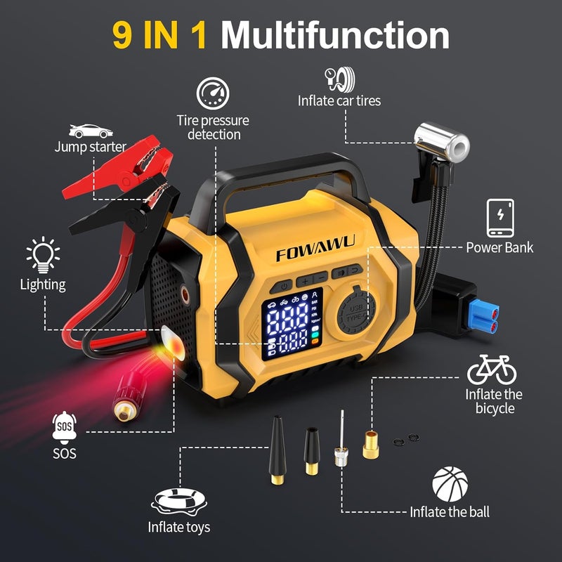 فواوو جهاز تشغيل السيارة FOWAWU 8000A 26800mAh مع ضاغط هواء، (جميع أنواع البنزين/ديزل 10.0 لتر)، بنك طاقة لبدء تشغيل بطارية السيارة، منفاخ إطارات لاسلكي مع إيقاف تلقائي، جهاز تشغيل ذكي، مصابيح LED، شحن سريع من نوع Type-C - Image 2