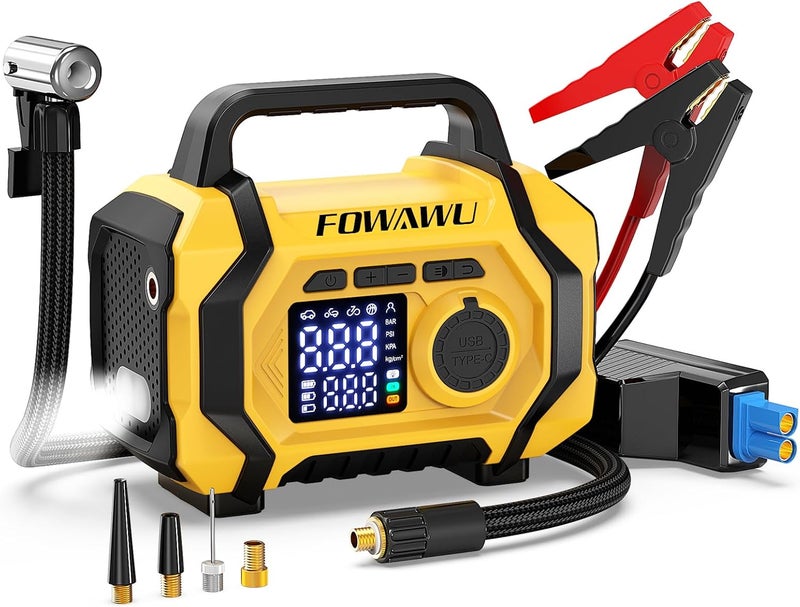 فواوو جهاز تشغيل السيارة FOWAWU 8000A 26800mAh مع ضاغط هواء، (جميع أنواع البنزين/ديزل 10.0 لتر)، بنك طاقة لبدء تشغيل بطارية السيارة، منفاخ إطارات لاسلكي مع إيقاف تلقائي، جهاز تشغيل ذكي، مصابيح LED، شحن سريع من نوع Type-C - Image 1