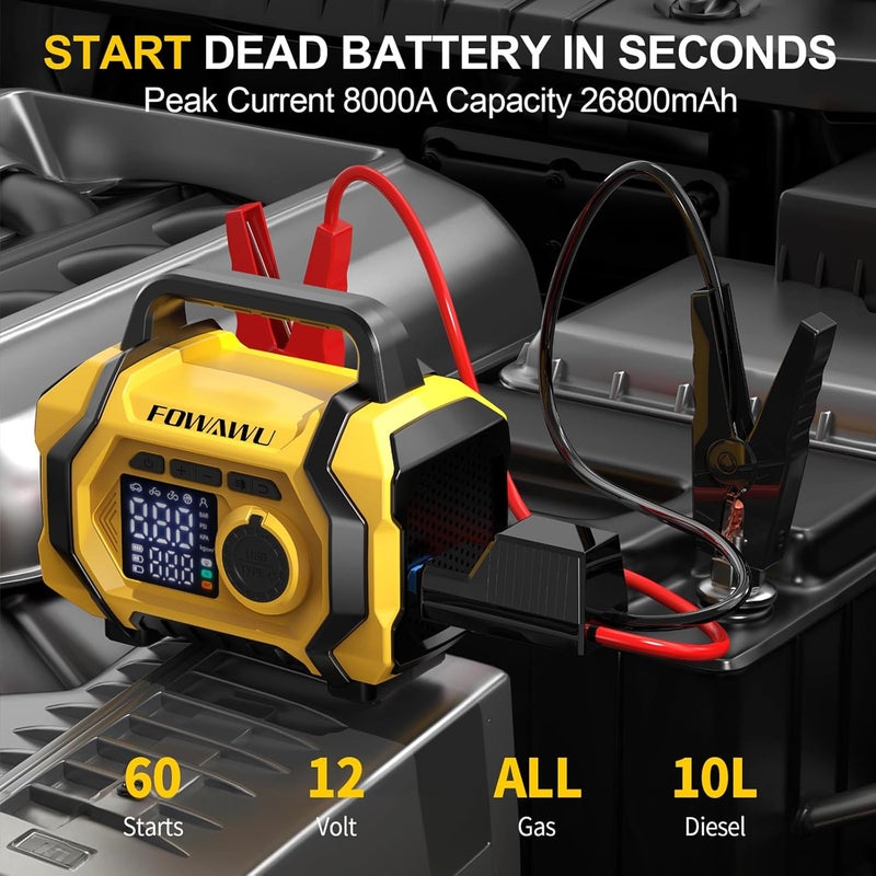 فواوو جهاز تشغيل السيارة FOWAWU 8000A 26800mAh مع ضاغط هواء، (جميع أنواع البنزين/ديزل 10.0 لتر)، بنك طاقة لبدء تشغيل بطارية السيارة، منفاخ إطارات لاسلكي مع إيقاف تلقائي، جهاز تشغيل ذكي، مصابيح LED، شحن سريع من نوع Type-C - Image 3