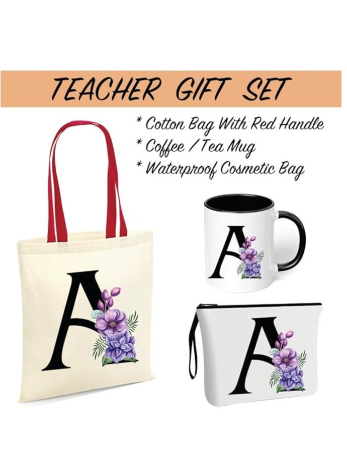 PRINTSHOP4ME Initial Letters Canvas Cotton Tote Bag With Red Handle and Cosmetic pouch for girls - Mug gifts - Pack of 3 Combo set -Giftset for wedding - Gifts for girls - Gift for friends  - Image 2